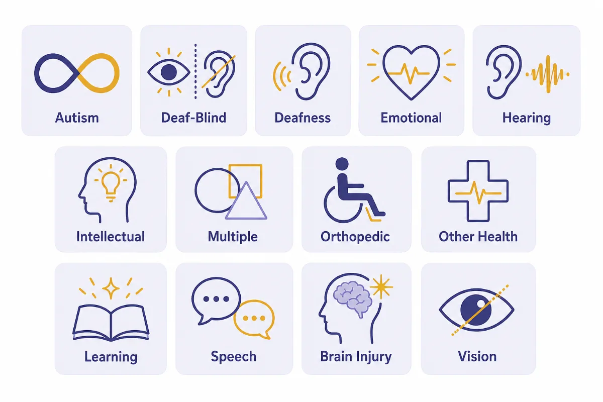 An infographic naming the thirteen IDEA disability categories as a grid of labeled cards with simple line icons