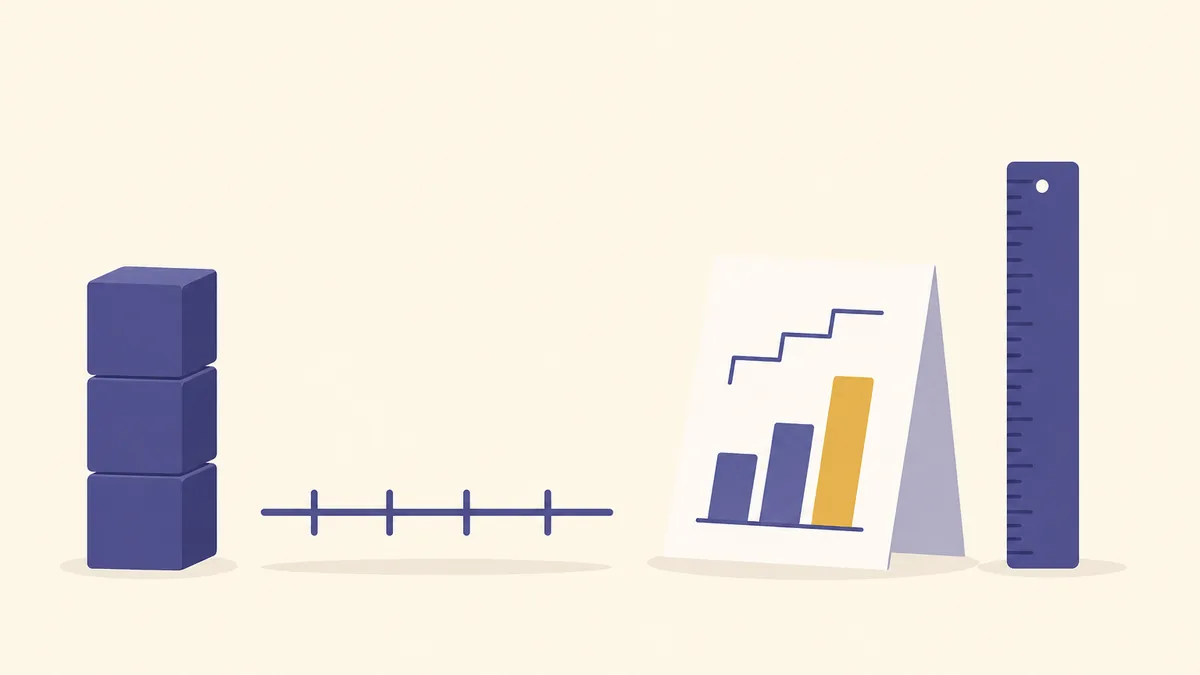 An illustration of a short column of stacked square blocks, a plain number line with four blank tick marks, a small three-bar chart with the tallest bar in gold and an upright ruler, spaced evenly in a row