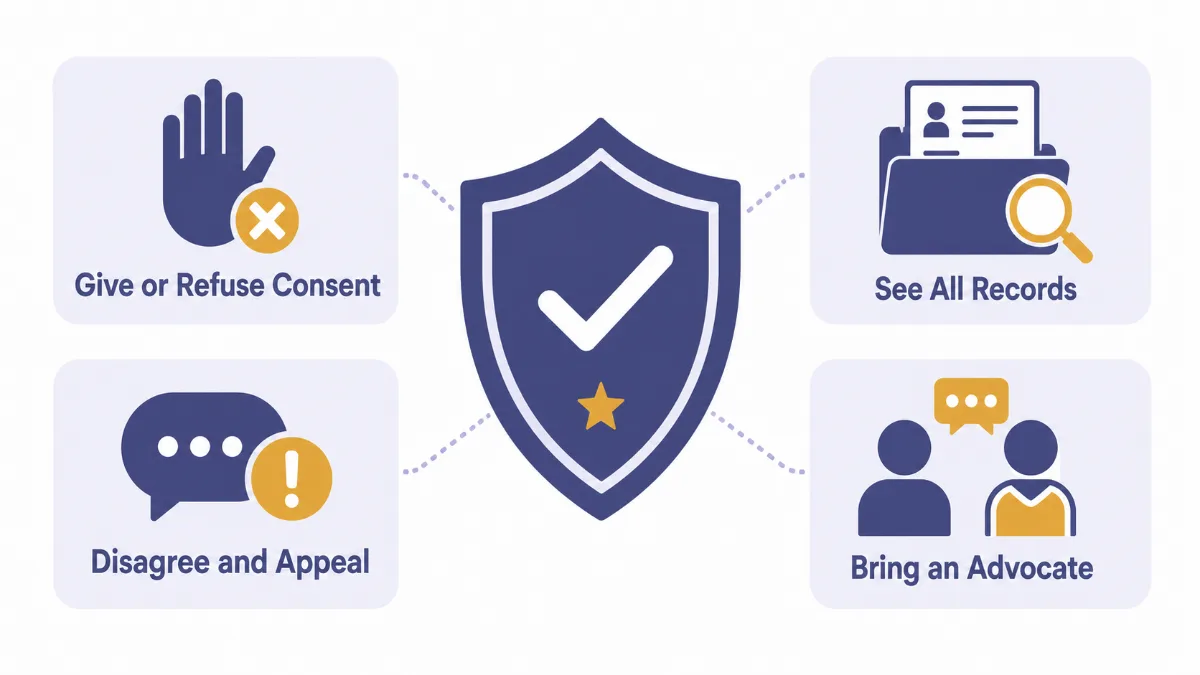 An infographic of a shield surrounded by four cards labeled give or refuse consent, see all records, disagree and appeal, bring an advocate