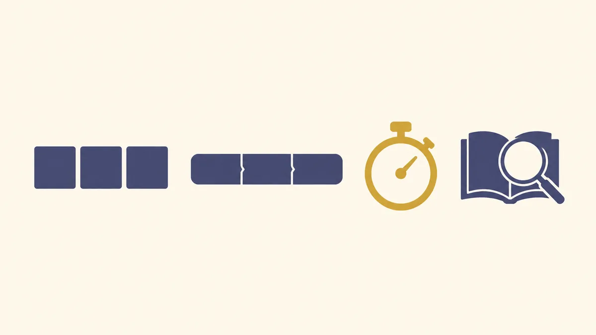 An illustration of three small square tiles joined in a row, a long bar split into three linked segments, a gold stopwatch and a magnifying glass over an open book spaced evenly in a row