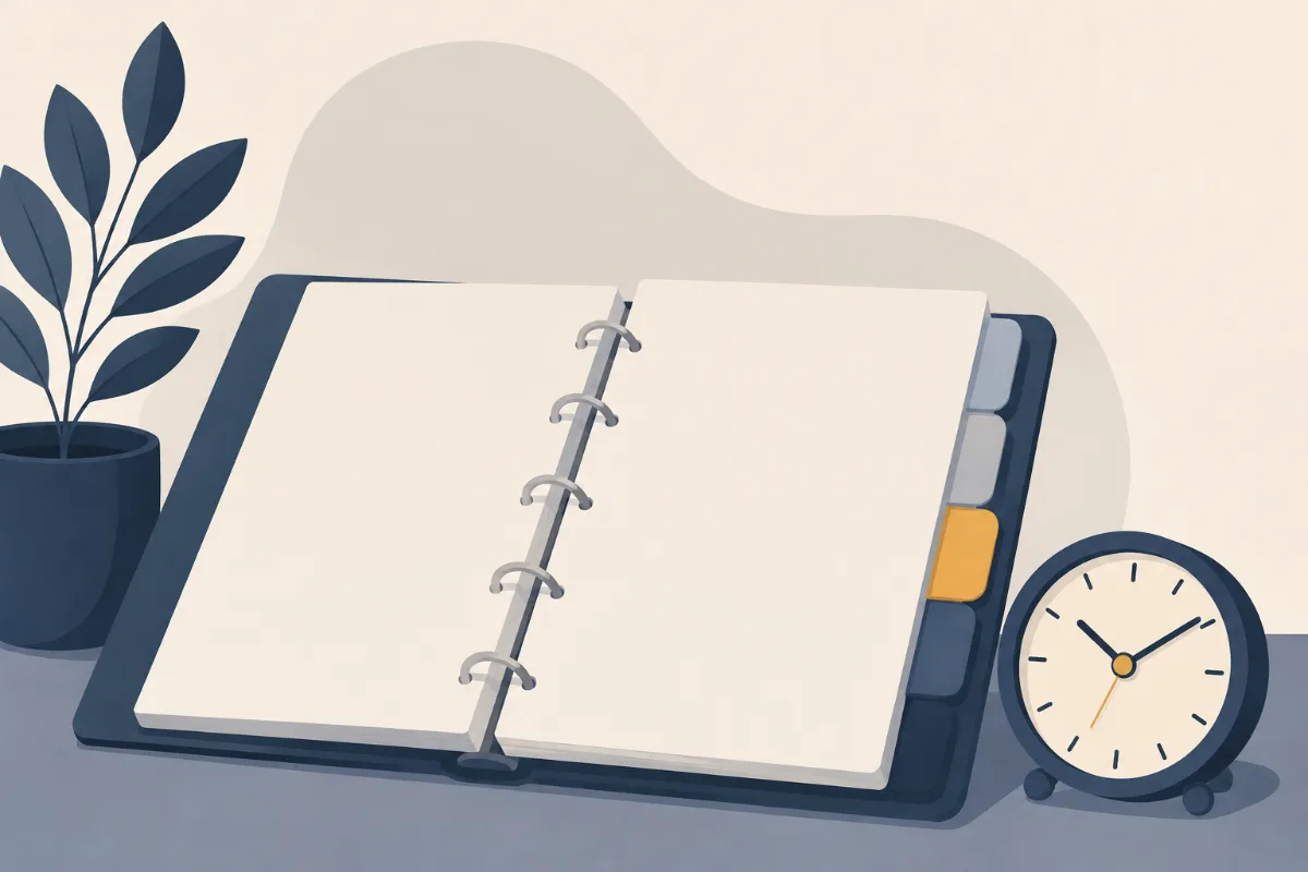 A flat illustration of an open tabbed binder with one gold tab and a small clock resting beside it