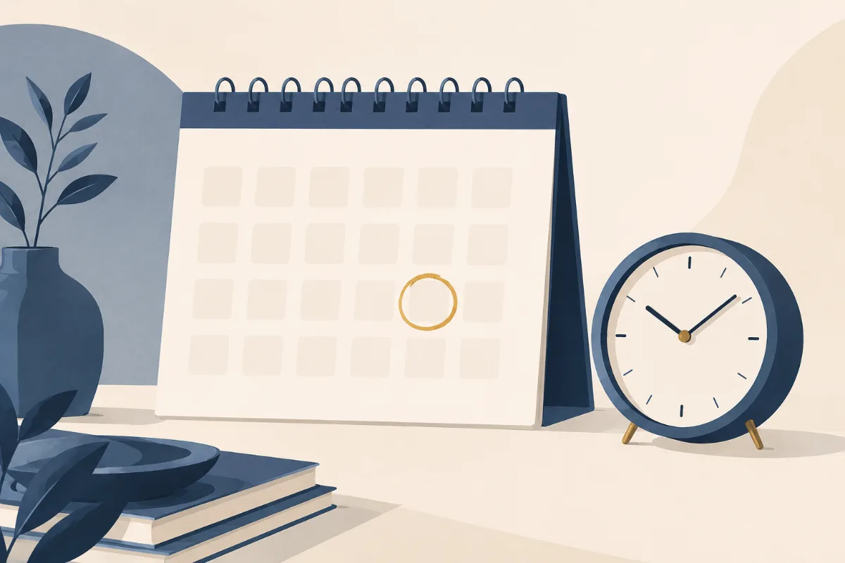 A flat illustration of a wall calendar with one day circled in gold beside a small desk clock