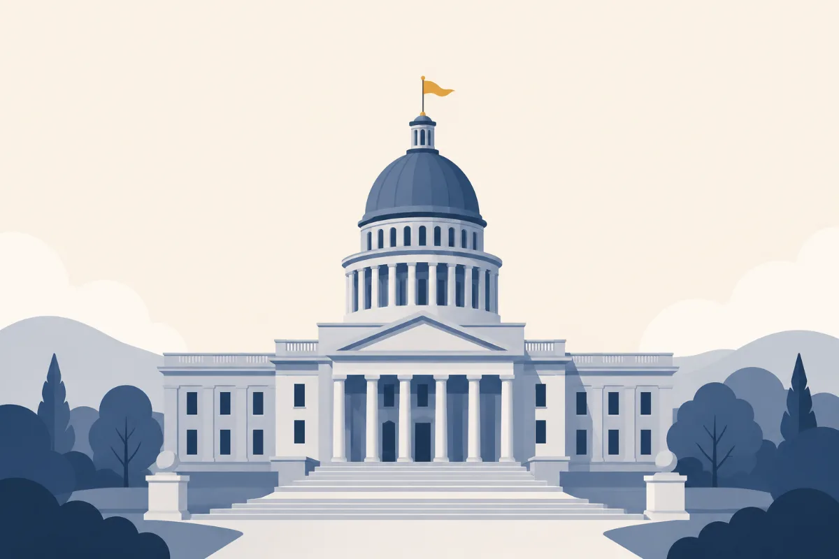 A flat illustration of a simple state capitol dome with a small gold flag above it