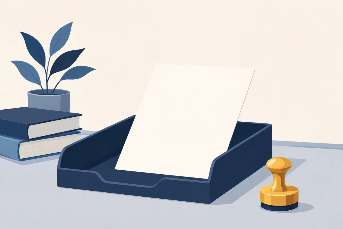 A flat illustration of a consent letter entering a school intake tray with a gold date stamp at its corner