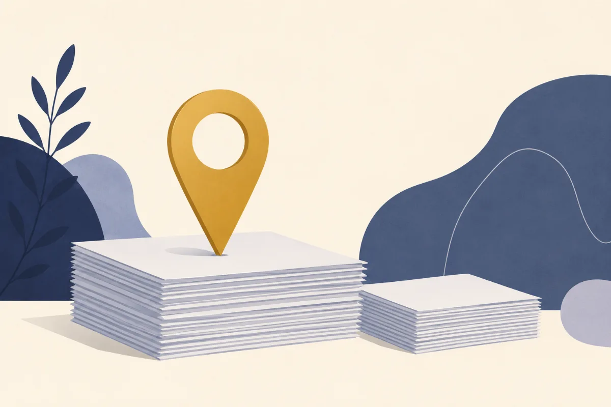 A flat illustration of a gold map pin standing on a neat stack of papers