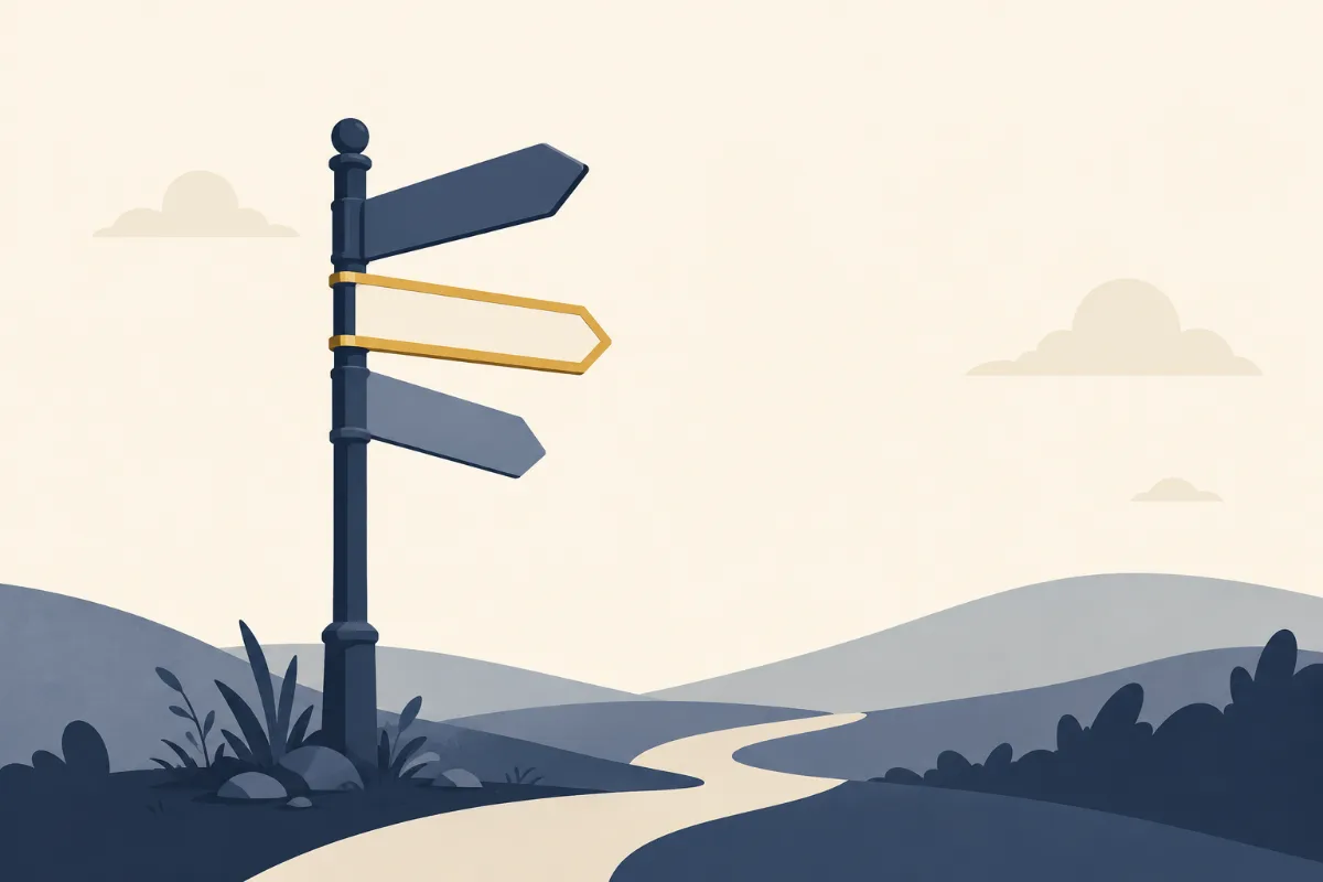 A flat illustration of a signpost with three arms, the middle arm edged in gold