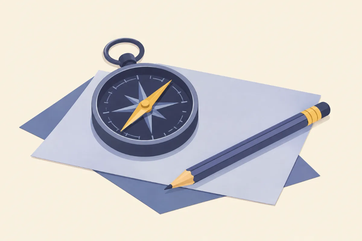A flat illustration of a small compass with a gold needle resting on two neat sheets of paper