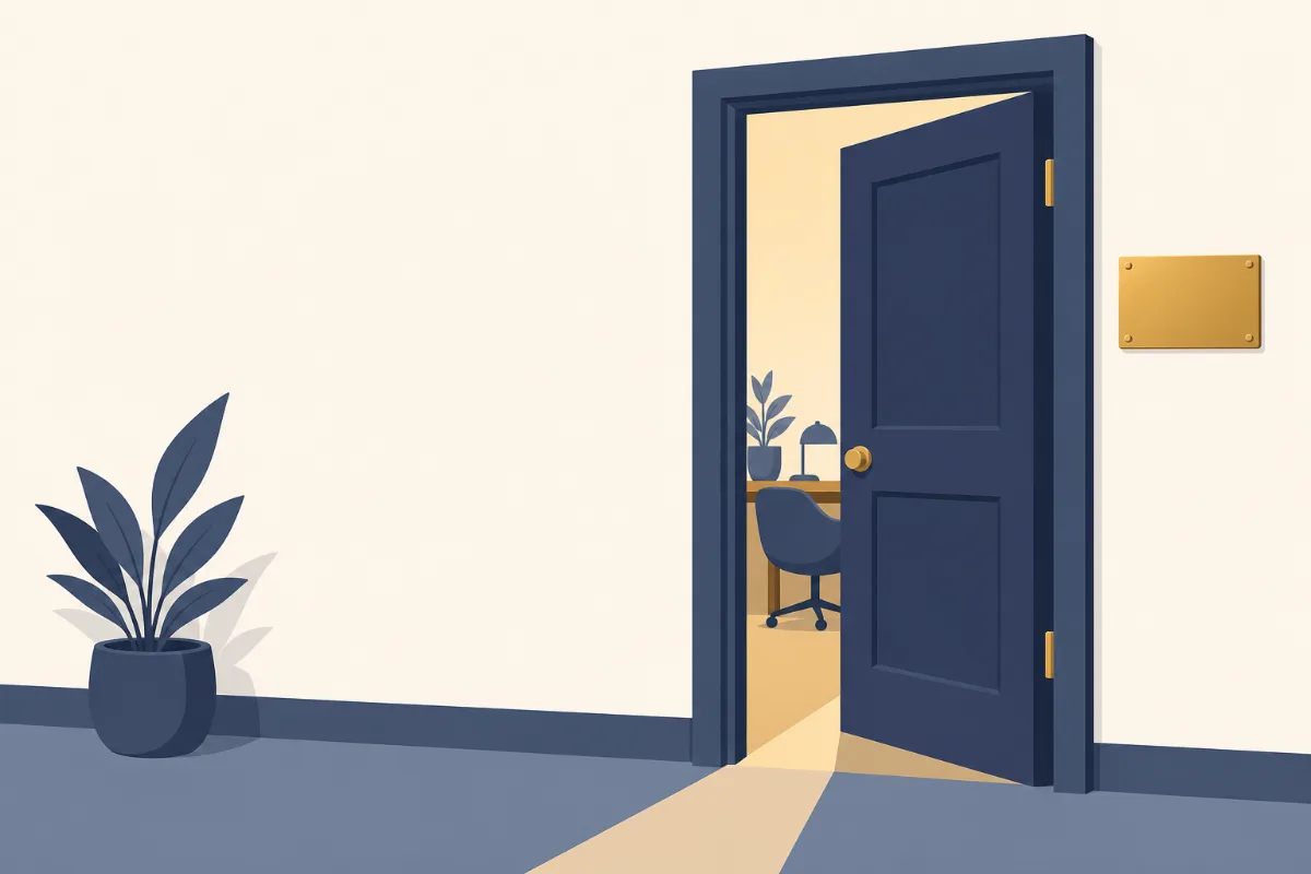 A flat illustration of an office doorway standing open with warm light and a small gold sign beside the frame