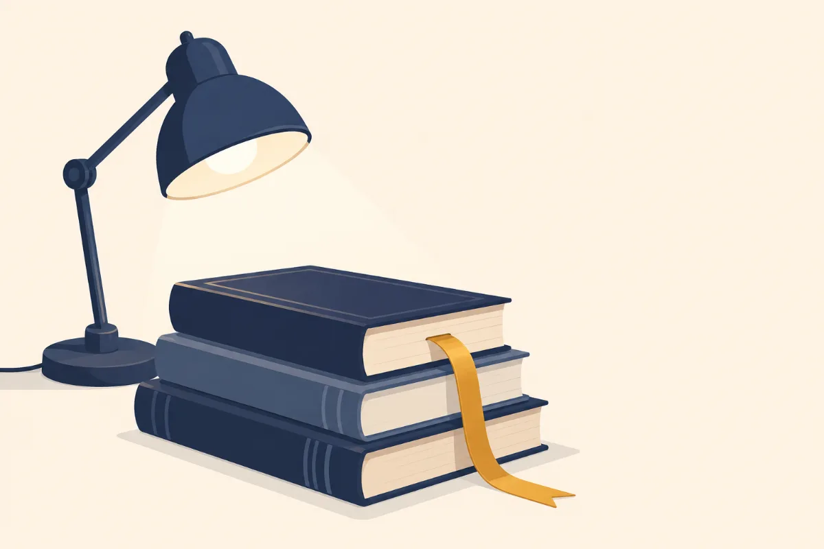 A flat illustration of a desk lamp glowing over a short stack of guide books with a gold bookmark ribbon