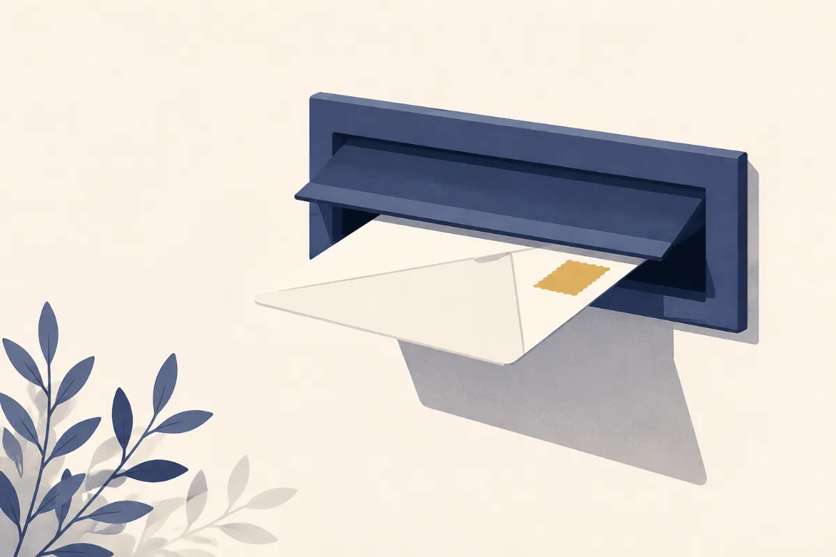 A flat illustration of a letter sliding into a wall mailbox slot with a small gold stamp at its corner