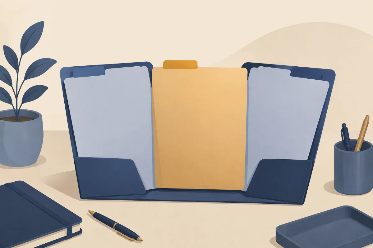 A flat illustration of an open document folder with three tabbed sheets, the middle tab gold