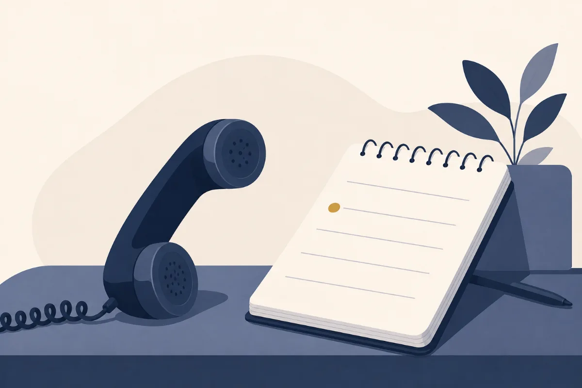 A flat illustration of a desk phone handset beside an open notepad with one line marked by a gold dot