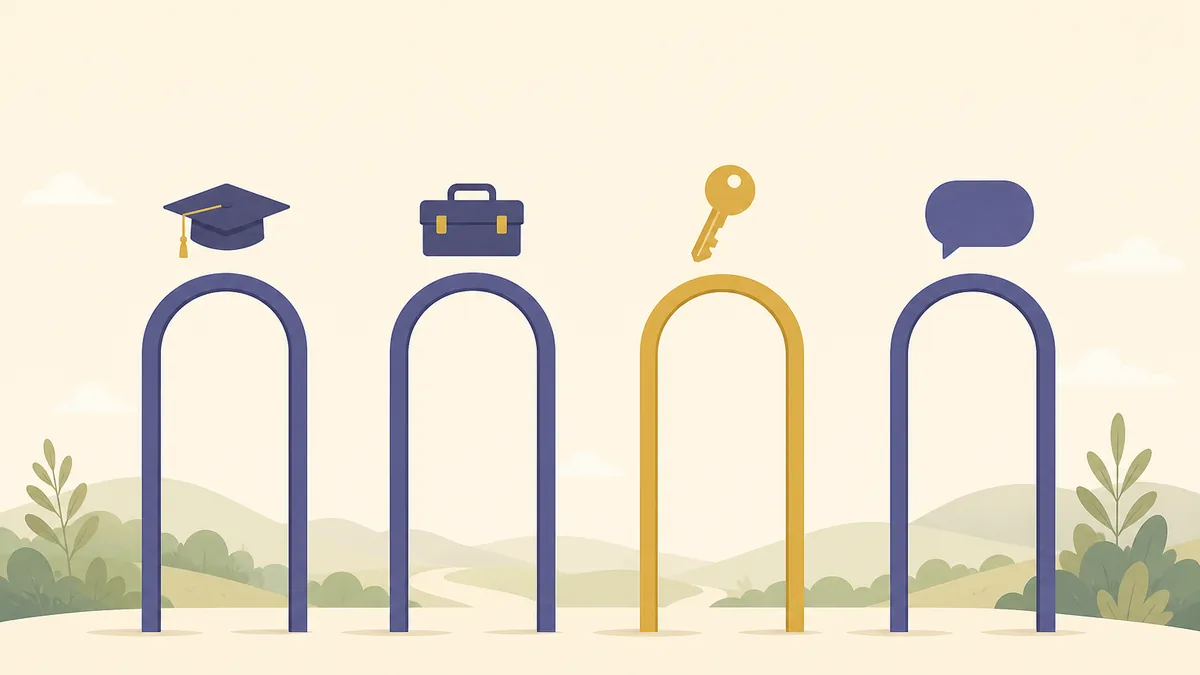 An illustration of four open arched doorways side by side, a graduation cap, a toolbox, a house key and a speech bubble resting above them in turn, with the third arch drawn in gold