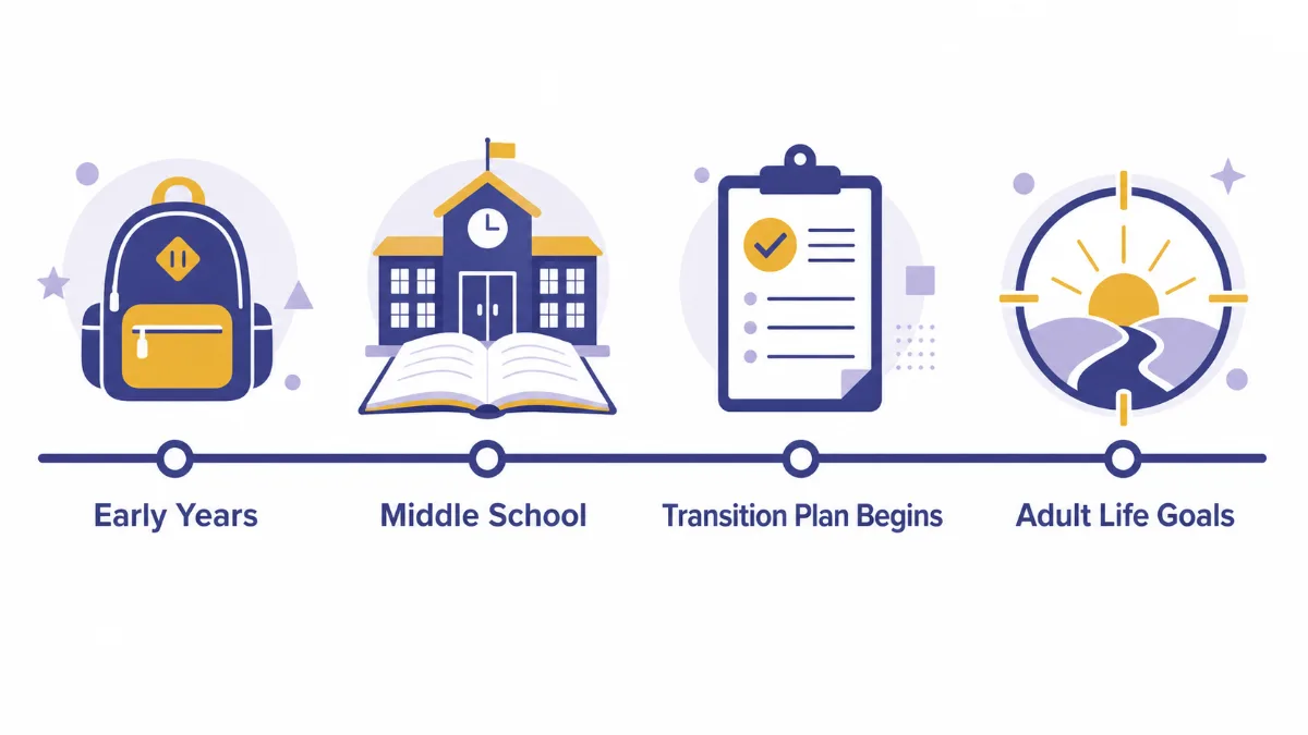 An infographic of a horizontal timeline with four stops labeled early years, middle school, transition plan begins and adult life goals