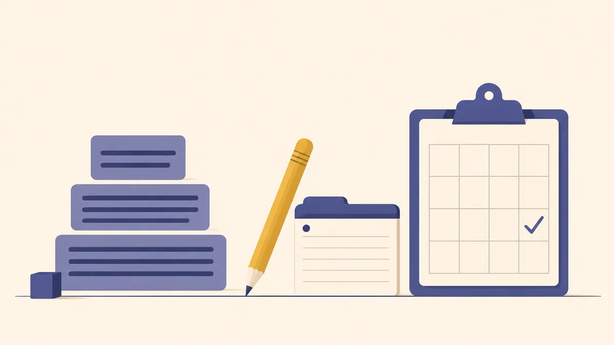 An illustration of three stacked ruled blocks that grow in width, a gold pencil, a small tabbed reference card and a clipboard holding a blank planning grid with a check mark, spaced evenly in a row