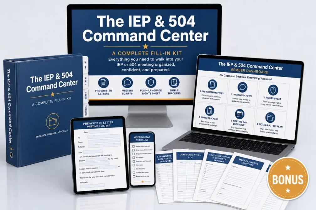 The IEP and 504 Command Center shown across a tabbed binder, a desktop screen, a laptop open at the member dashboard, a tablet holding a pre-written letter, a phone showing a meeting-day checklist and printed tracker and notes pages