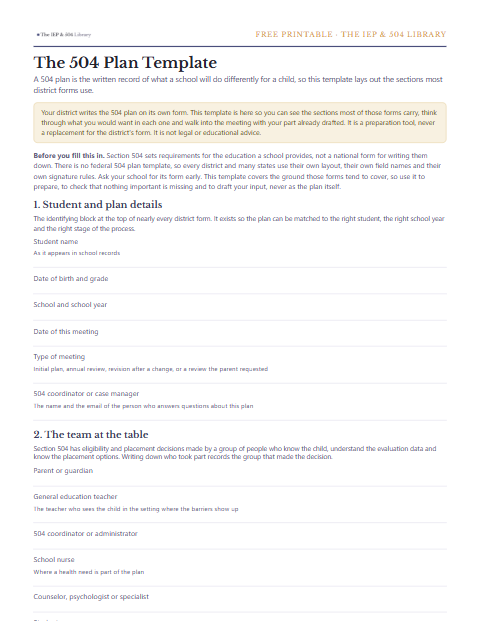 A preview of the free 504 Plan Template, one printable page