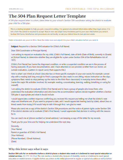 A preview of the free 504 Plan Request Letter Template, one printable page