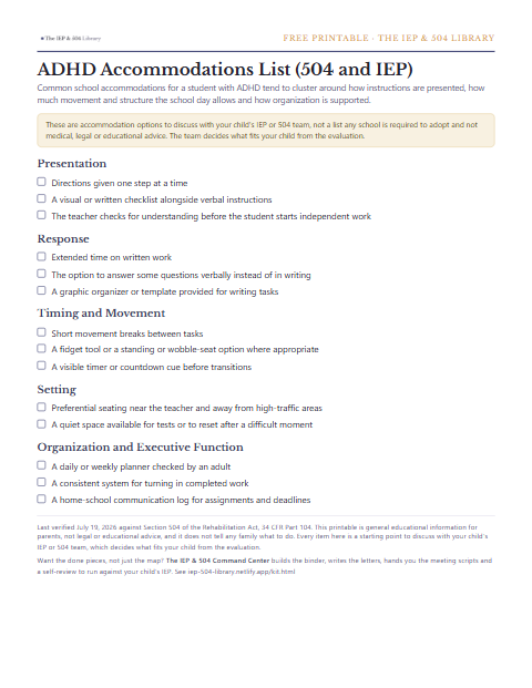 A preview of the free ADHD Accommodations List (504 and IEP), one printable page
