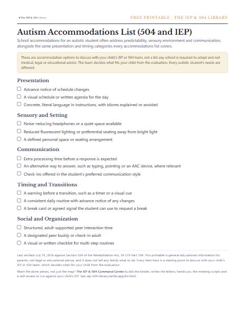 A preview of the free Autism Accommodations List (504 and IEP), one printable page