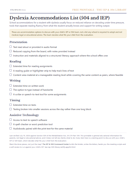 A preview of the free Dyslexia Accommodations List (504 and IEP), one printable page