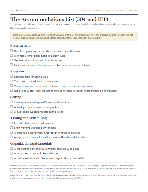 A preview of the free Accommodations List (504 and IEP), one printable page