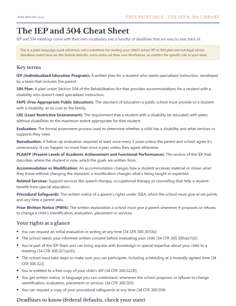 A preview of the free IEP and 504 Cheat Sheet, one printable page