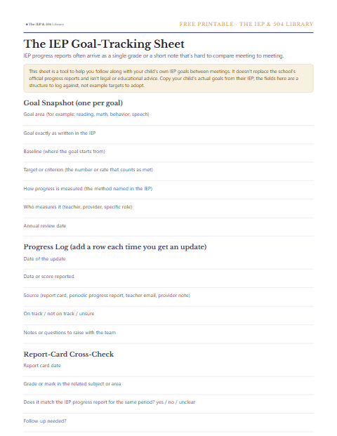 A preview of the free IEP Goal-Tracking Sheet, one printable page