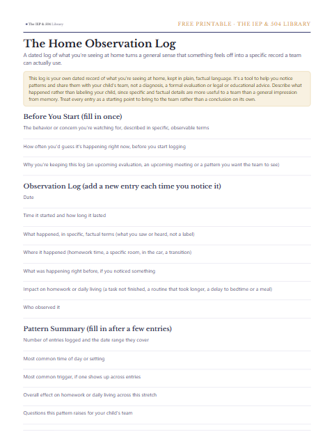 A preview of the free Home Observation Log, one printable page