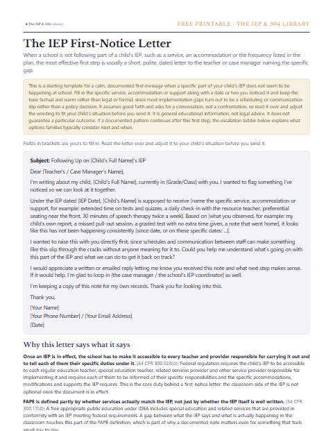 A preview of the free IEP First-Notice Letter, one printable page