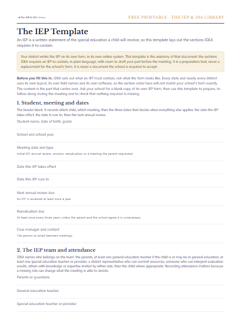 A preview of the free IEP Template, one printable page