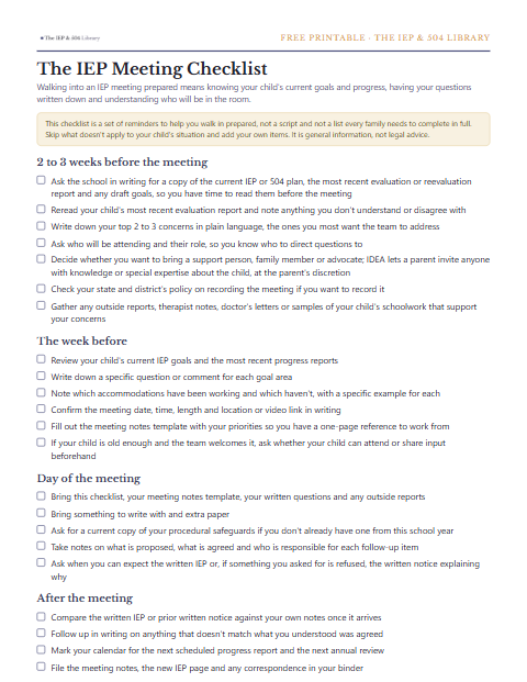 A preview of the free IEP Meeting Checklist, one printable page