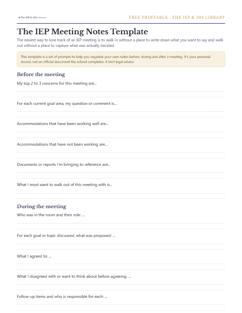 A preview of the free IEP Meeting Notes Template, one printable page