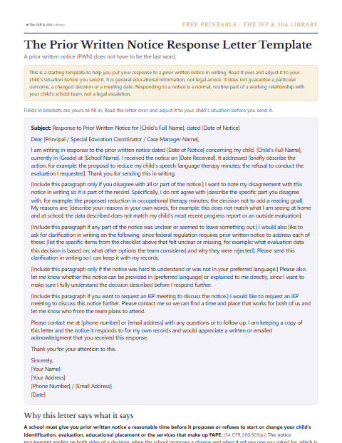 A preview of the free Prior Written Notice Response Letter Template, one printable page